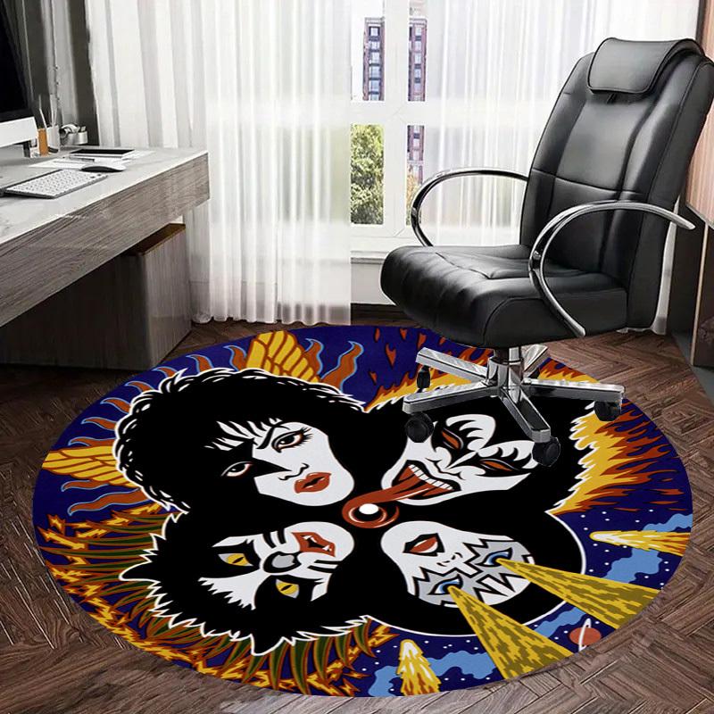1 Stück KISS Band Symbolisches Kunstwerk Runder Teppich, Hergestellt aus Polyester, Perfekt zur Dekoration von Bürostühlen, Wohnzimmern