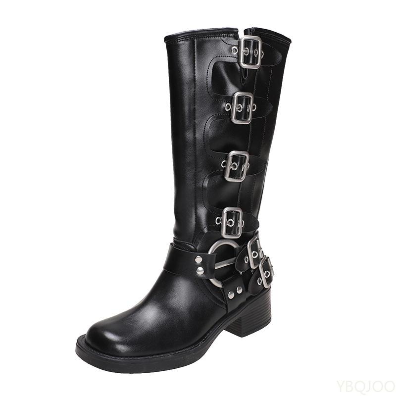 Fashion boots with belt buckle Spring Autumn new style thick heel increased height simple comfortable versatile women's boots