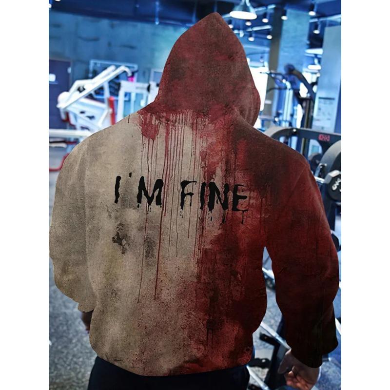 Bloody Letter Patterns Printed Sweatshirts Hoodies For Men Clothes I'm Fine Blood Stained Y2k Top Pullovers Spring And Autumn Boy Tees Clothing