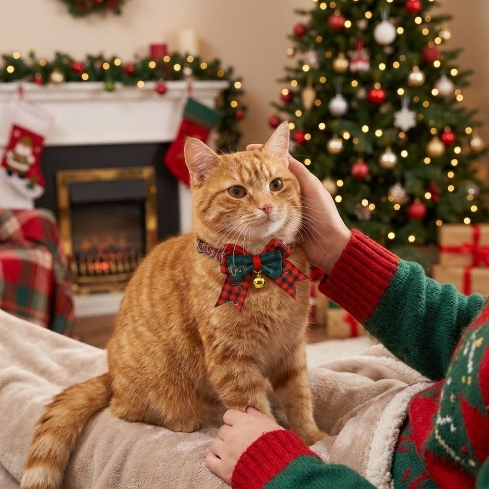 Fashion Adjustable Pet Bow Collar Grid Pattern With Bell Cat Collar Bow Tie Anti-Choke Cat Bell Collar Daily Wear