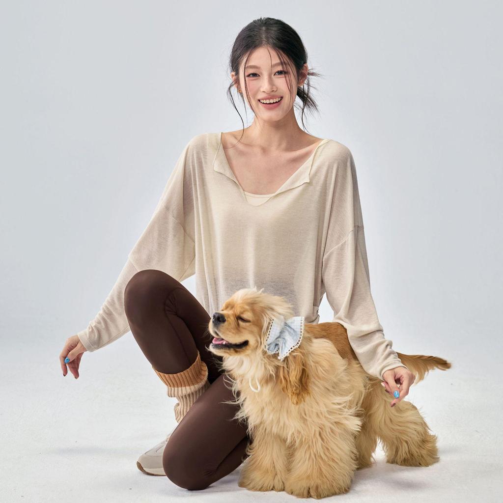 Women's Korean Style Long Sleeve V-neck Yoga Top - Loose, Breathable, Casual Sportswear