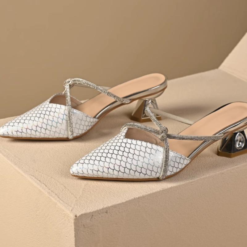 Fashion Women's Fashion Baotou Slip-on Slippers Summer New Pointed Crystal Fine Belt Anti-slip Wear-resistant Heel Shoes