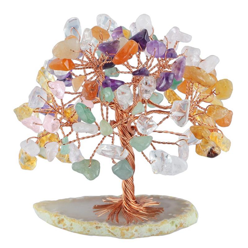 Mini Crystal Money Tree Copper Wire Wrapped Agate Slice Base Healing Gemstone Yoga Feng Shui Trees Home Decor A Easy Install