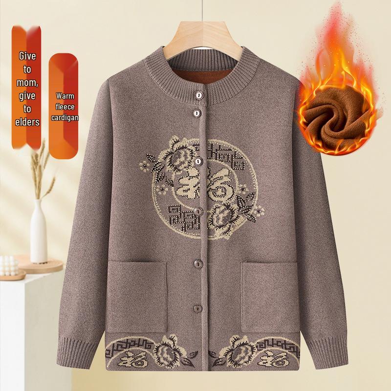 2025 New Style Tang Suit Plus Velvet Warm Sweater for Middle-Aged and Elderly Women