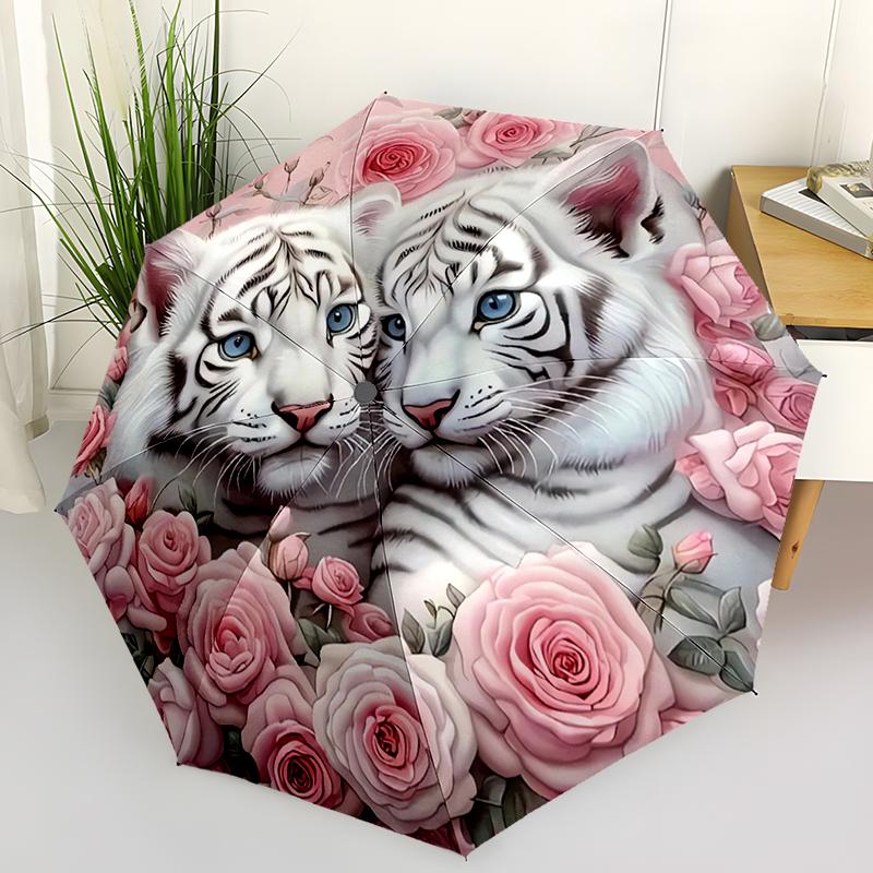 Yin Yang Tigers Folding Umbrella Fashion Auto-Open Design 8 Iron Ribs Plastic Handle Foldable Sunshade Perfect Christmas Gifts