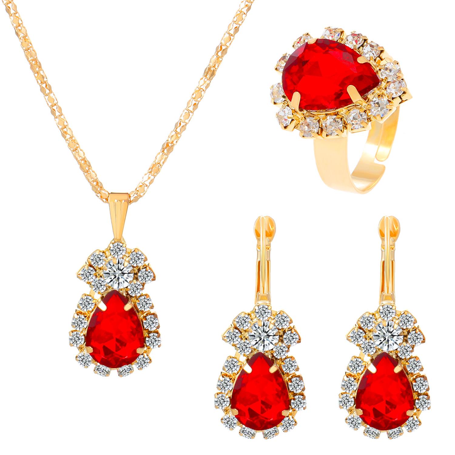 

European & American Water Drop Rhinestone Jewelry Set: Fashionable Multicolor Necklace, Earring, and Ring for Bridal Occasions.