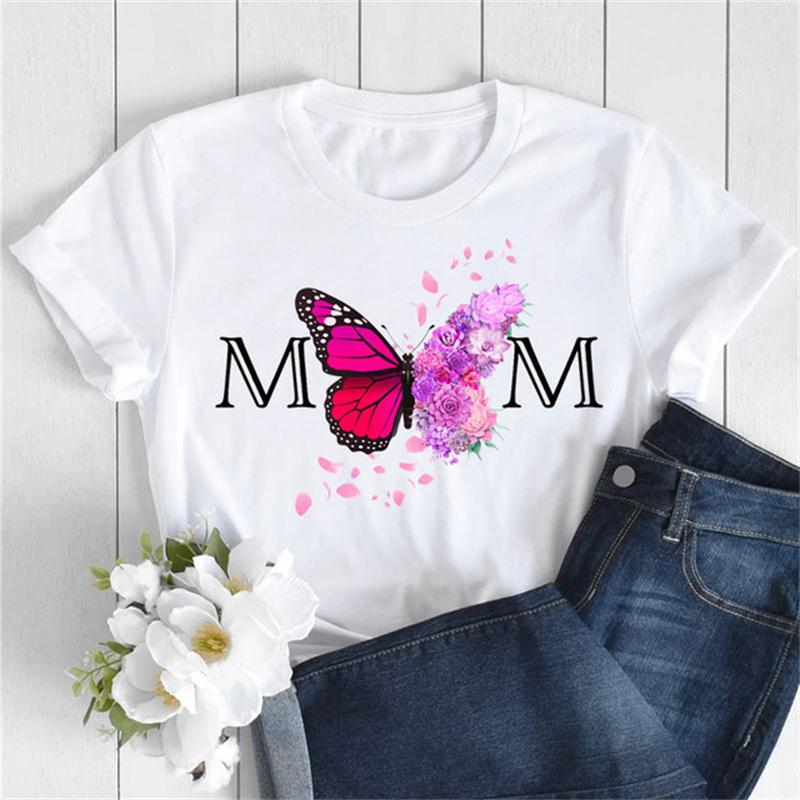 Nové dámské tričko Módní MÁMA Motýl Květinový potisk Tričko Ležérní topy s krátkým rukávem Tričko Dámská trička 90. léta Dámské tričko