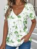 3D printed short-sleeved floral small fresh printed female v-neck pullover T-shirt summer loose women's casual short-sleeved top