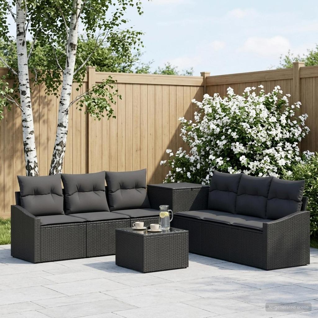 Sofa Set 8 Pcs. Black Poly Rattan and Steel
