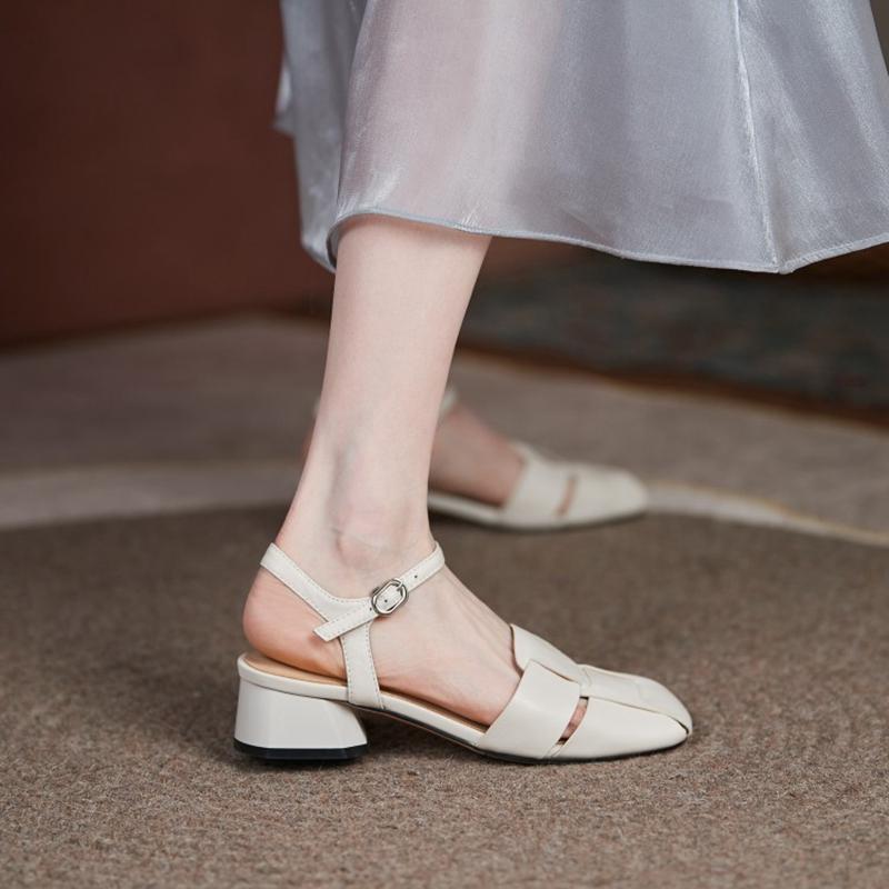 Cow Leather Square Toe Thick Med Heels Autumn Summer Buckle Straps Shoes Hollow Decorations Women Shallow Sandals