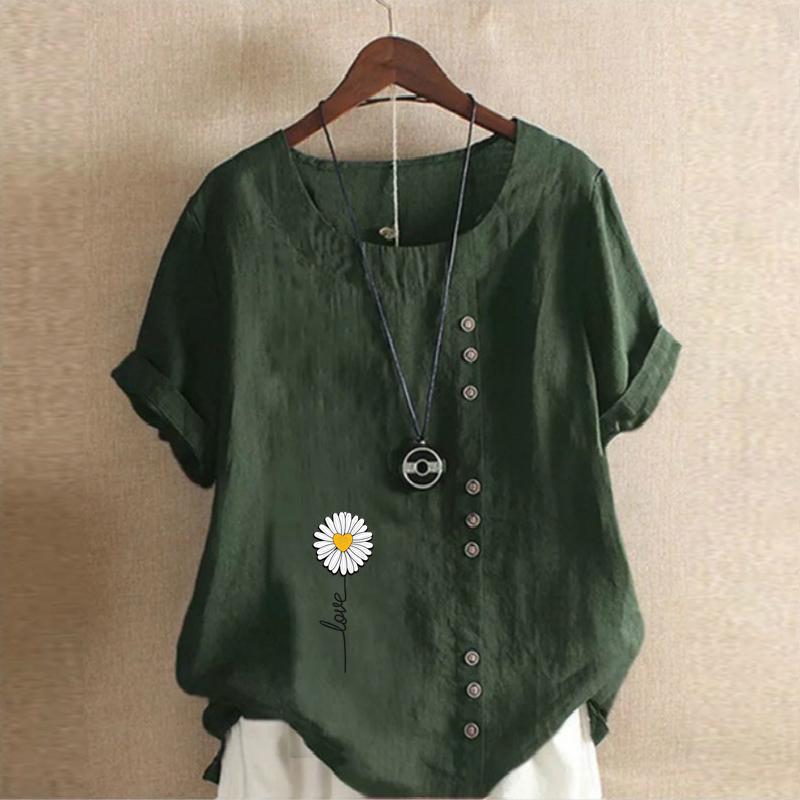 Women's Fashion Chrysanthemum Prined Short Sleeve T-shirt Loose Cotton Shirt Casual Loose Summer Blouse Tops Plus Size