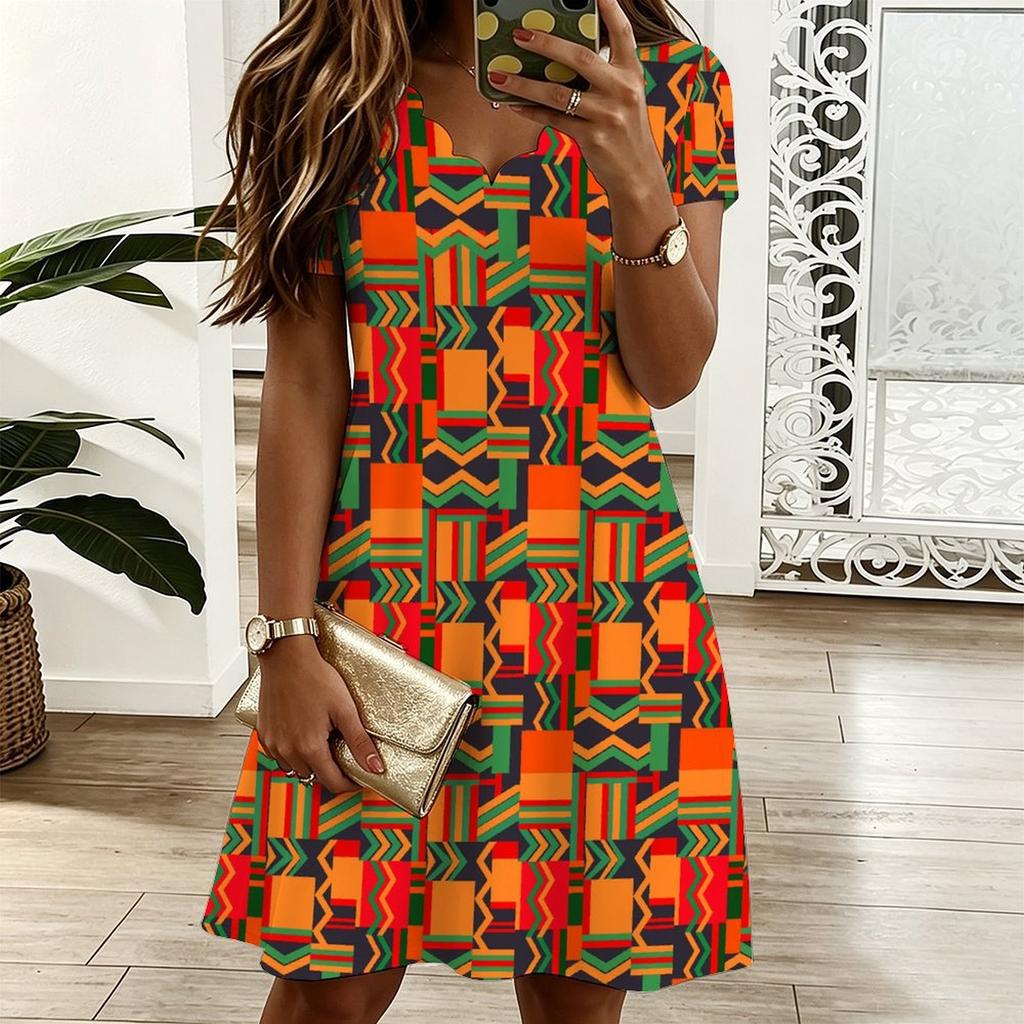Ladies V Neck Vintage Sunflower Print Plus Size Summer Loose Dress