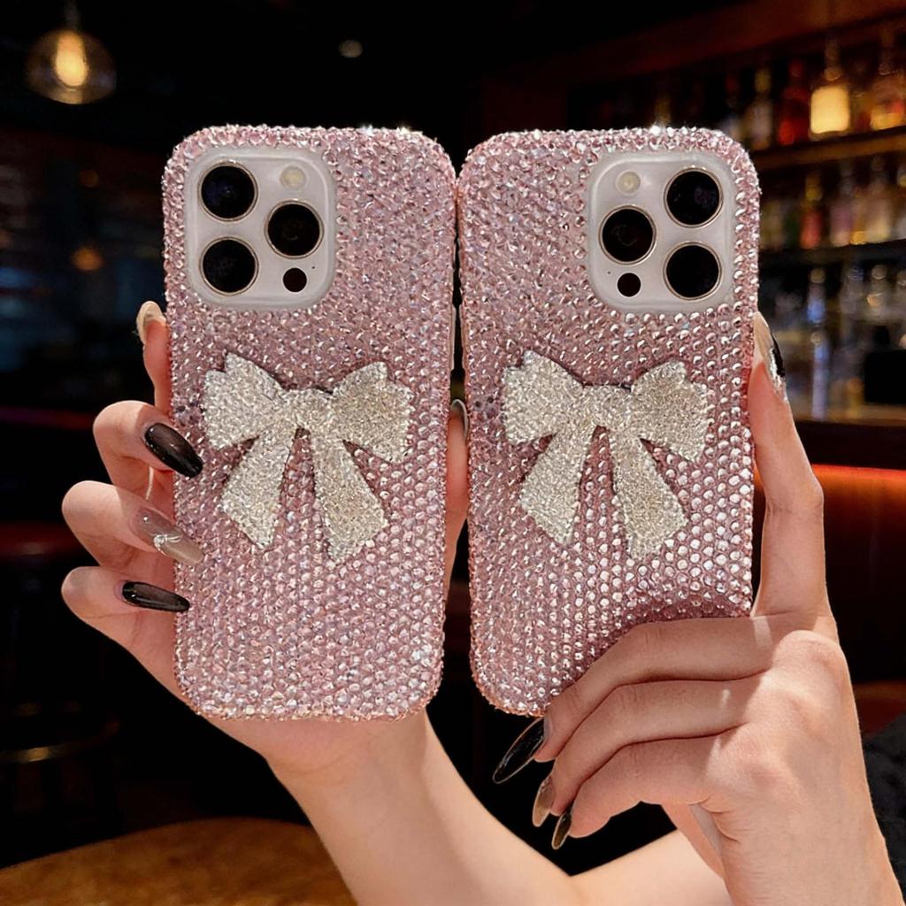 Elegant Diamond Bowknot Phone Case for 17Pro Max, 15Pro, 12, 11, 16, and 15.