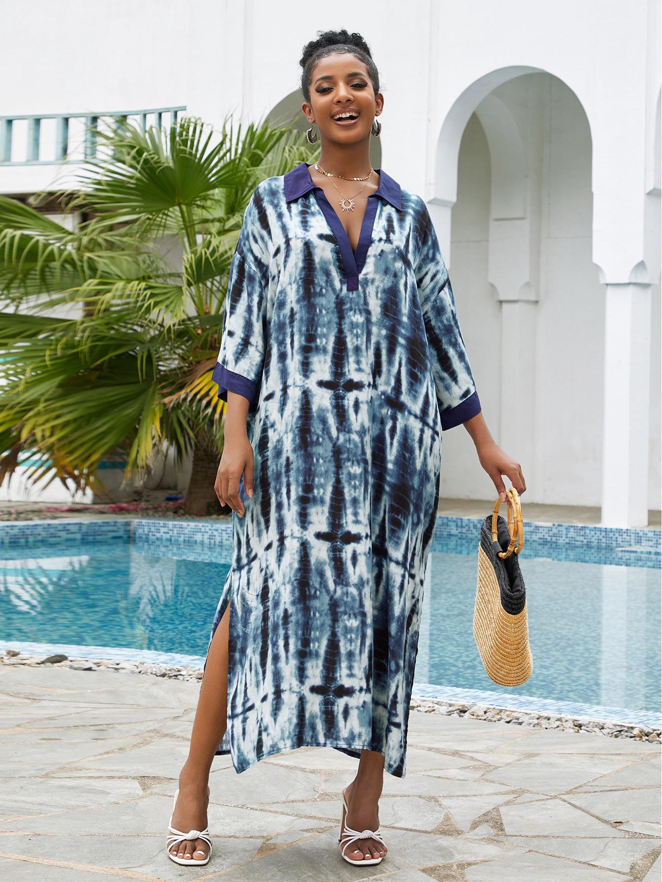 

Районное лоскутное длинное кимоно тай-дай - Повседневное пляжное парео для бикини (2 цвета) One Size