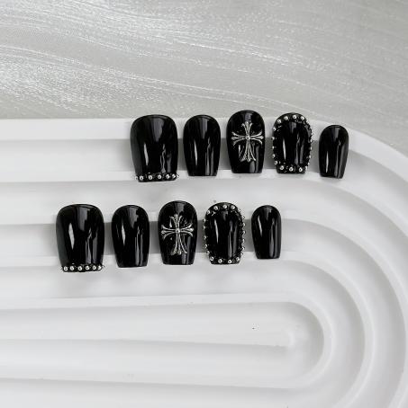 Black Press- Nails with Cross Design for Women, Full Cover False Nail Set