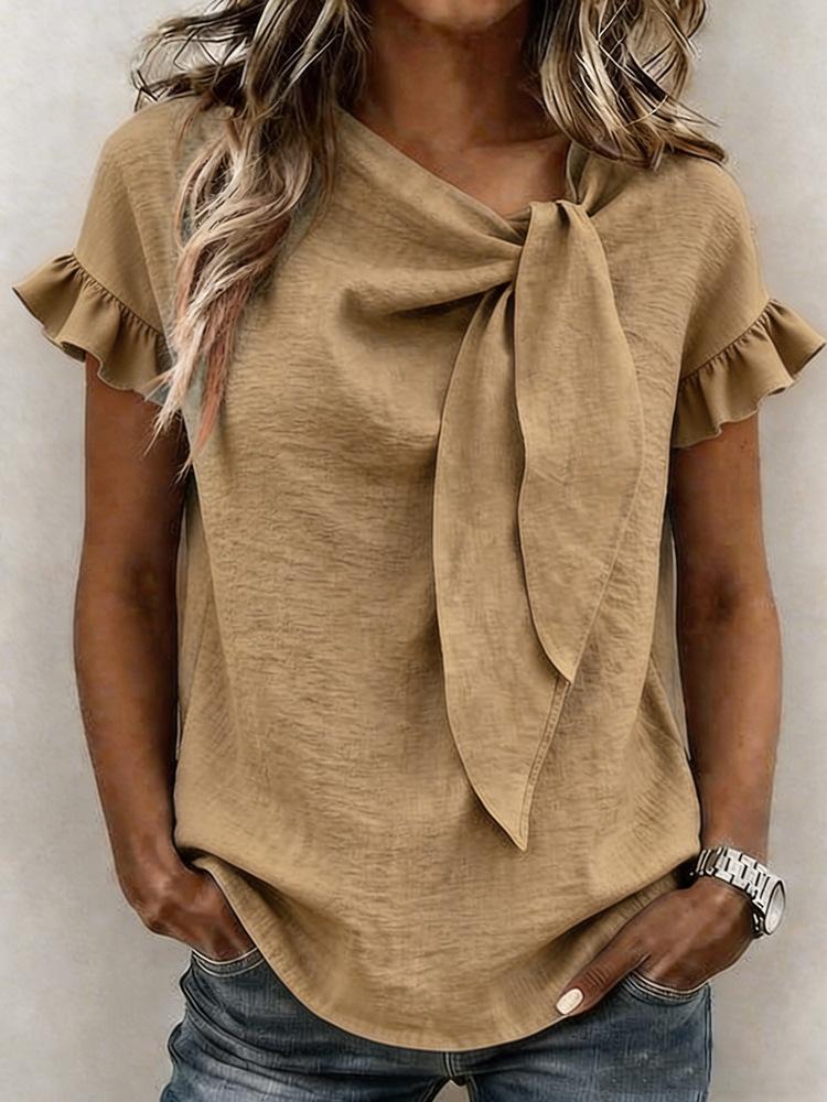 Womens Casual Solid Color Round Neck Short Sleeve Bow Knot T Shirt