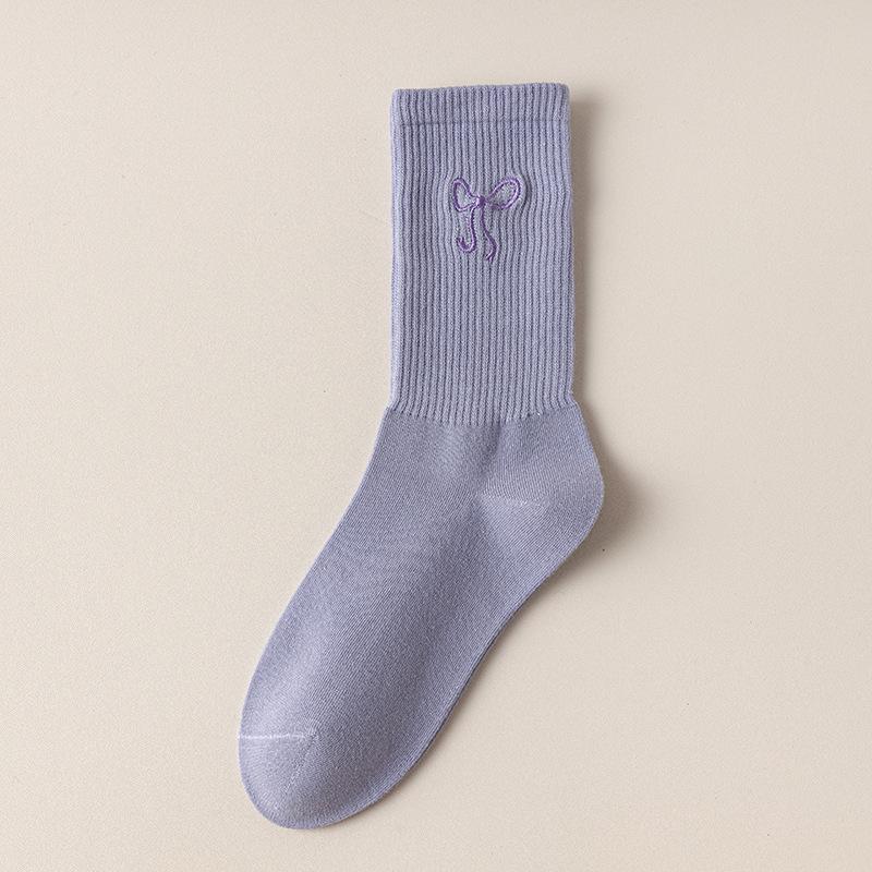 Bowknot Socks, Women's Mid-calf Socks, Solid Color Cotton Socks for Autumn and Winter, Ballet-style Sweat-absorbing and Odor-proof Women's Socks
