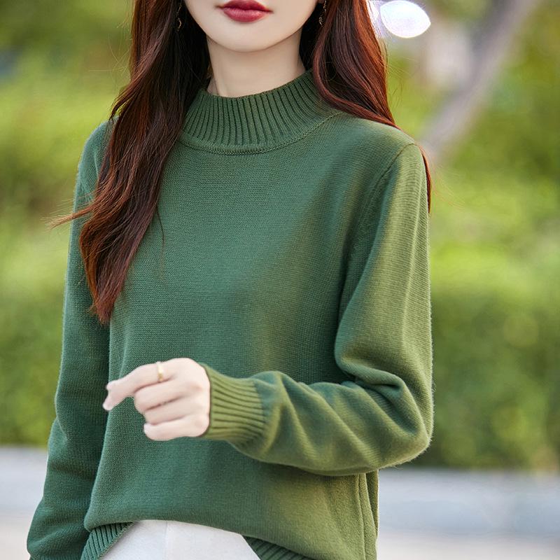 Women's Pure Cotton High-Collar Sweater, Autumn-Winter 2024: Thick Solid Color Knit with Slits, Versatile Base Layer.
