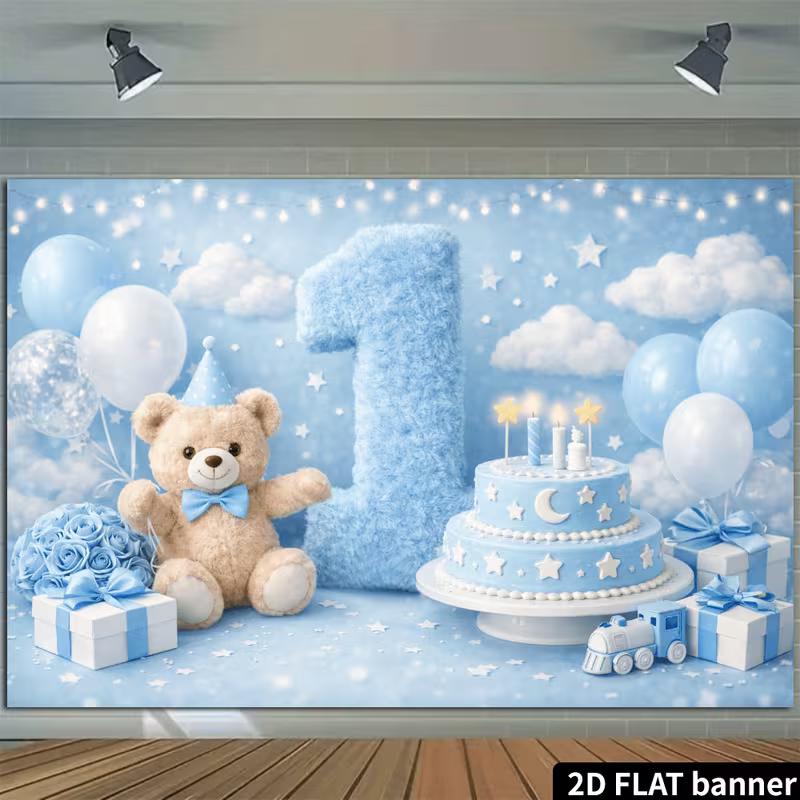 2D Teddy Bear 1st Birthday Backdrop for Newborn Photography
