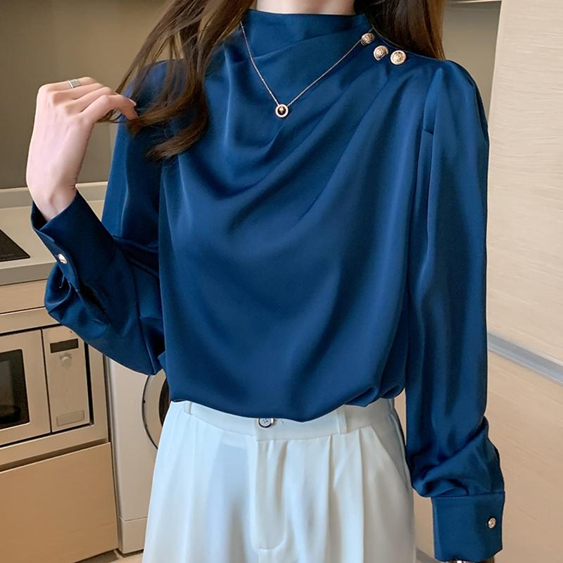 

Модные новые блузки, рубашки, весна-осень, длинный рукав, воротник-стойка, офисная женская шифоновая блузка, рубашка, женские топы J363 S синий