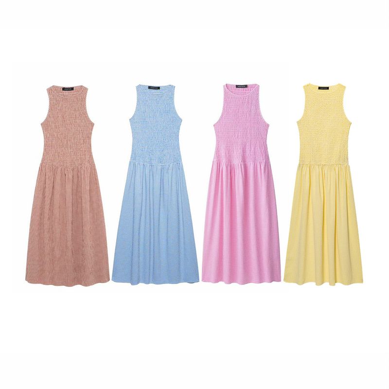 Kaslead New Arrival Women's Clothing Fashion Style Fashion Minimalist Elegant Grid Midi Skirt Dress 3067329