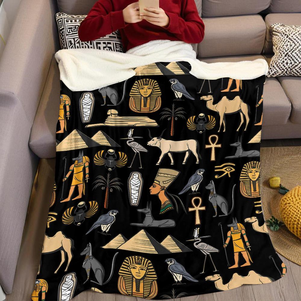 Egyptian Motif Print Flannel Blanket Warm Soft Halloween Christmas Couch Warm Cozy Decorative Decor Gift for All Season