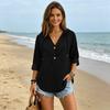 Women's Casual Color Hooded V-Neck Long Sleeve Button Front Shirt Top for Everyday Wear