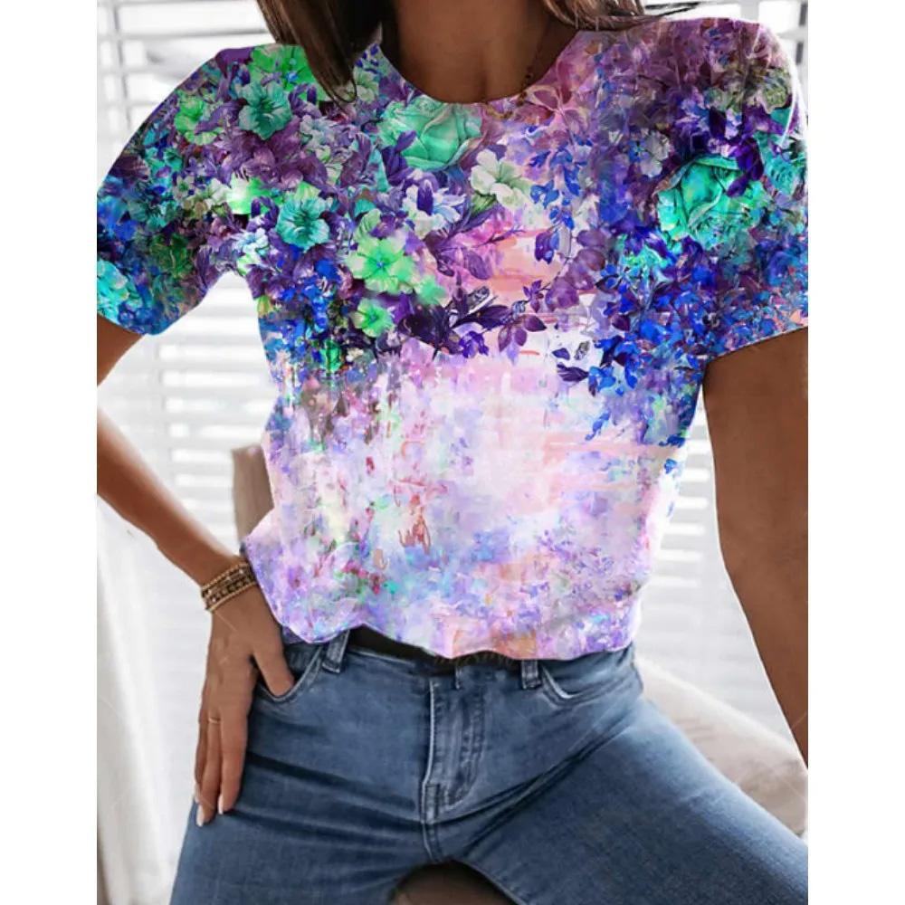 New Flower Petal Pattern T-Shirts Floral 3D Print Women's Short Sleeve Round Neck T Shirt Tees Harajuku Y2K Tops Female Clothing