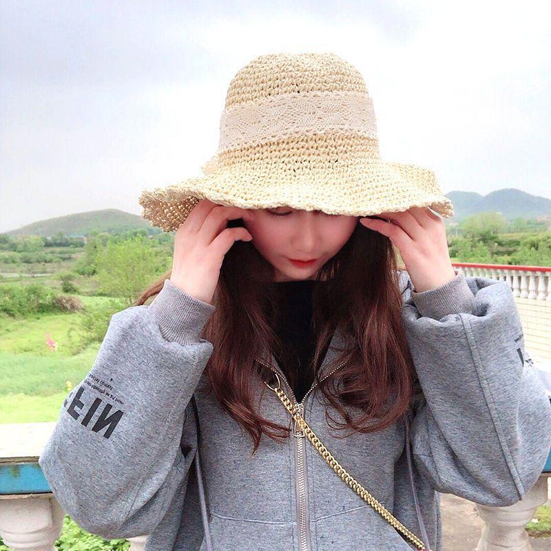 Small fresh and versatile lace strap bow hat women's summer outing big eaves beach hat scenic straw hat