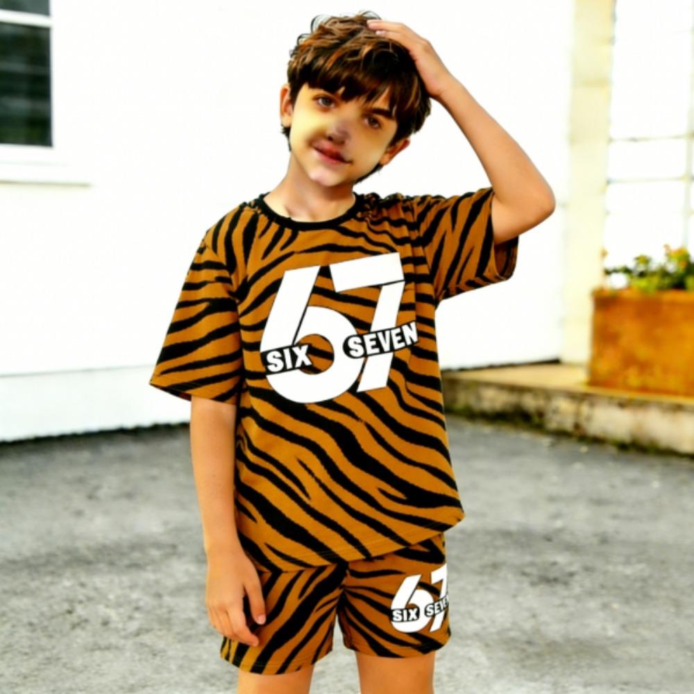 Fashion 67 Zebra Stripes Colored Printed Men's T-shirt and Shorts 2 Piece Set Summer Casual Outfit for Men's and Women's Clothing Top