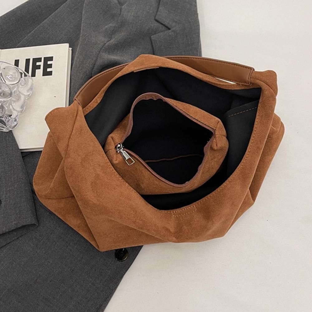 Women Suede Shoulder Bag Retro Single Shoulder Bag Solid Color Simple Tote Handbag Vintage Hobo Bag Outdoor Travel Bag