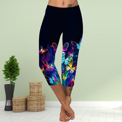 Pantaloni Estivi Gamba Corta Leggings Corti Skinny Taglie Forti Leggins Donna Slim Stampa Floreale 3D Rosa Farfalla Pantaloni