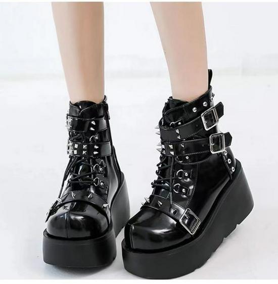 Demonia Thick-Soled Round-Toe Boots with Buckle and Lace-Up Design