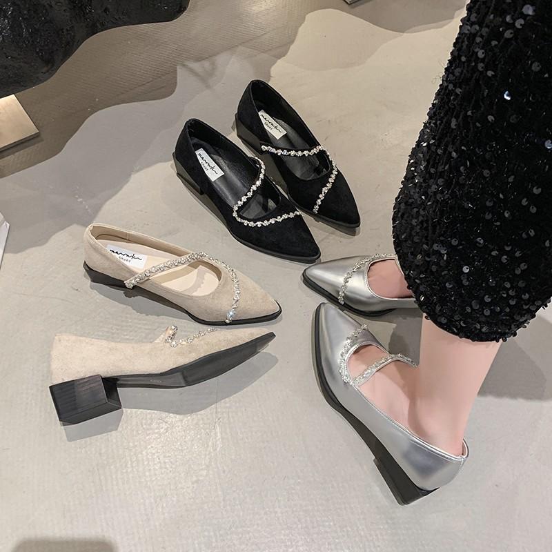 Spring and Summer 2025 New Light Luxury Curved Rhinestone Temperament Versatile Pointed All-inclusive Square Heel Soft Sole Single Shoes Women