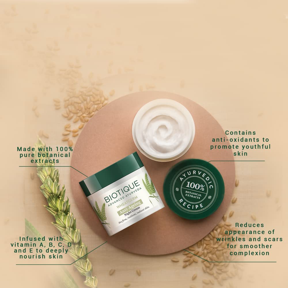 Biotique Wheat Germ Night Cream For Youthful Skin 50g | Anti-Ageing Moisturizer | Reduces Wrinkles & Dark Spots | 100% Natural