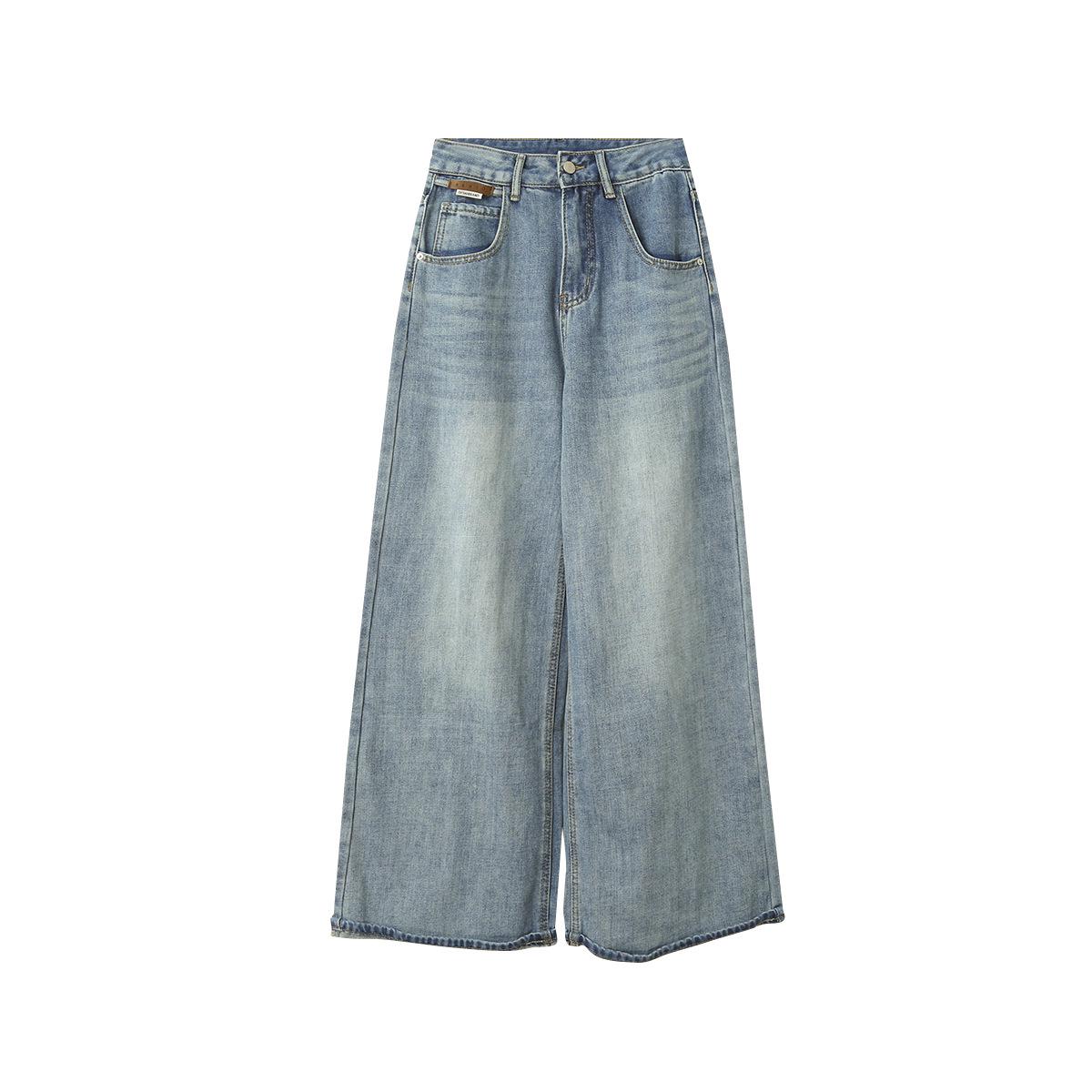 

Ou Fan Blue Design Pocket Fleece High-Waisted Straight-Leg Jeans: Off-Season Autumn Winter Loose-Fit Pants Large светло-синий