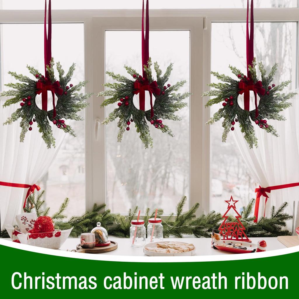Christmas Kitchen Cabinet Wreaths With Plaid Bow Ribbon Hanging Cabinet Doors Wreaths Decorative For Kitchen Window Outdoor Indoor Holiday Decor