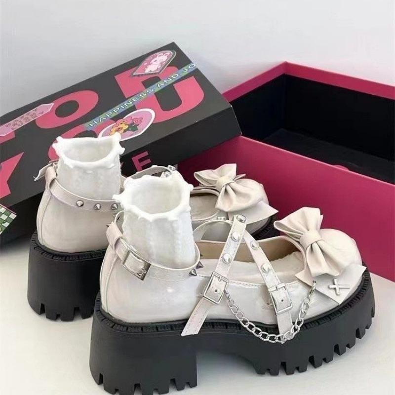 Damen Lolita Schuhe Neue Plateau Schleife Nieten Kette Pumps Blockabsatz Schnallenriemen High Heels Schuhe für Damen Zapatos De Mujer