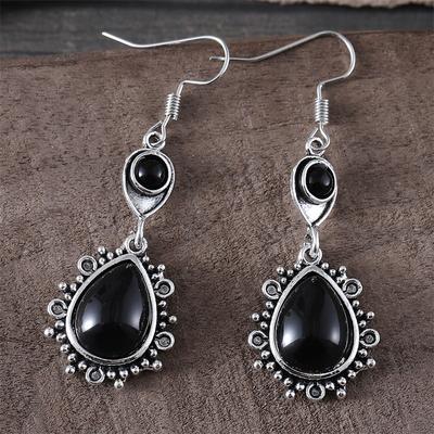 1 Paar Vintage Schwarze Hängeohrringe, Schwarzer Synthetischer Edelstein Geometrisches Dreieck Hohl Design Boho Schmuck Accessoires für Frauen Alltagskleidung