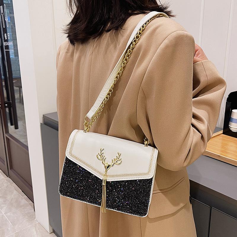 

Популярный в этом году тренд на пайетки, сумка с бахромой в виде головы лося, персонализированная ретро-сумка через плечо, женская сумка, маленькая квадратная сумка через плечо 21*7*16