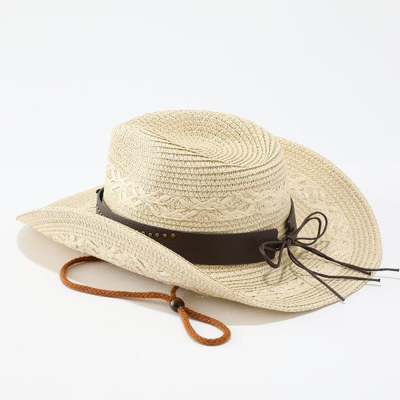 Ethnic style western cowboy straw hat women's summer outdoor mountaineering shading sun protection hat big head circumference big brim sun hat