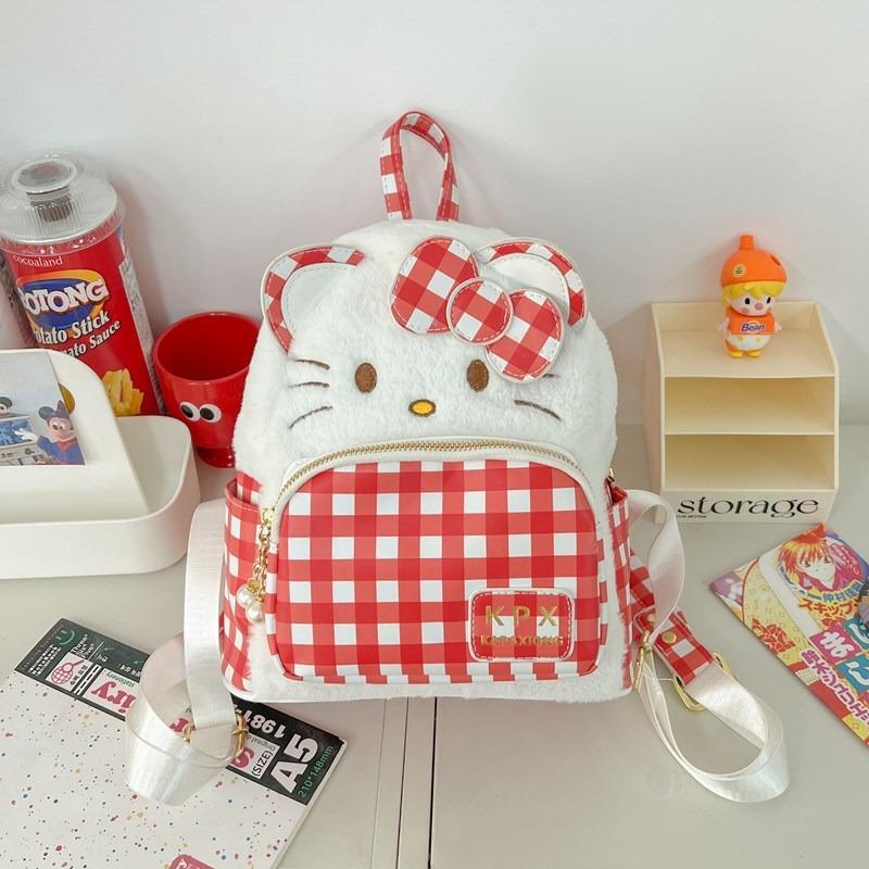 Cute Kitten Styling Backpack New Cartoon Plaid Girl Heart Sweet Street Small Satchel Woman