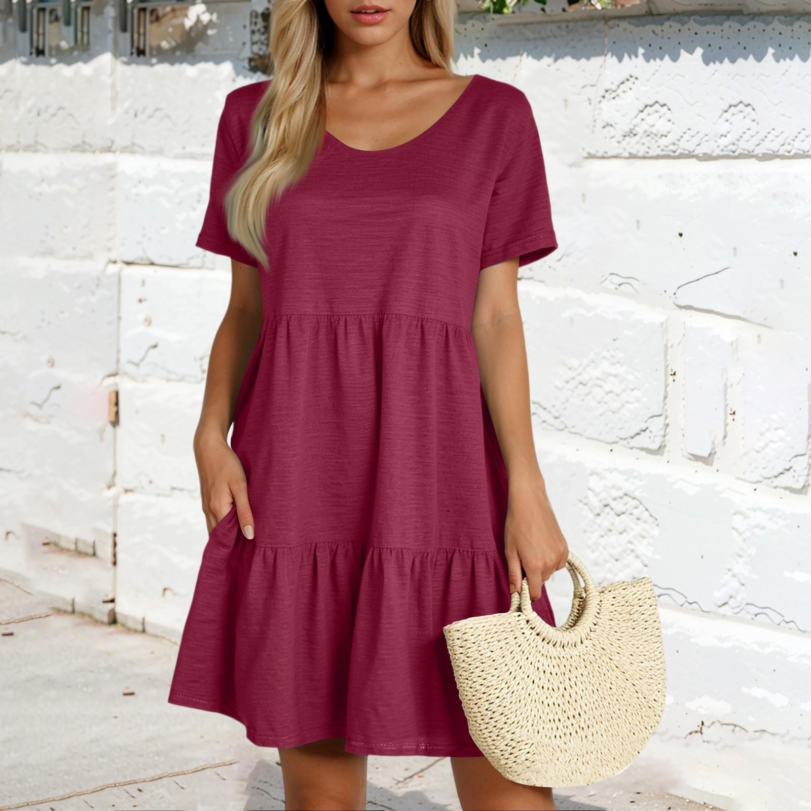 

Жіноча повсякденна мода круглий виріз короткий рукав суцільний колір торт спідниця S винний