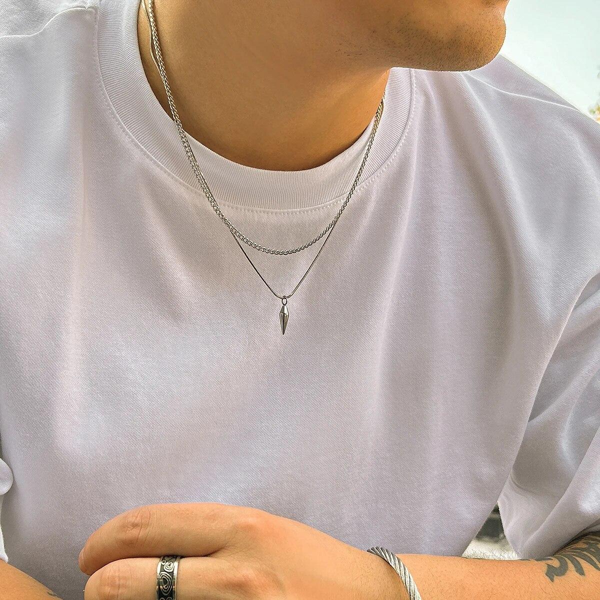 2Pcs/Set Trend Rivet Pendant Necklace for Men Hip Hop Layered Silver Color Link Chain Chokers Street Versatile Male Jewelry Gift