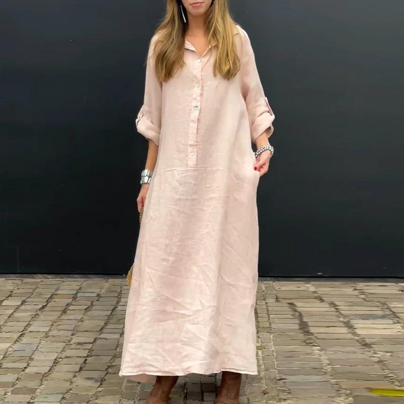 2024 Women's Summer Casual Long Dress - Cotton Linen Blend, Plus Size, Pocket Shirt Collar