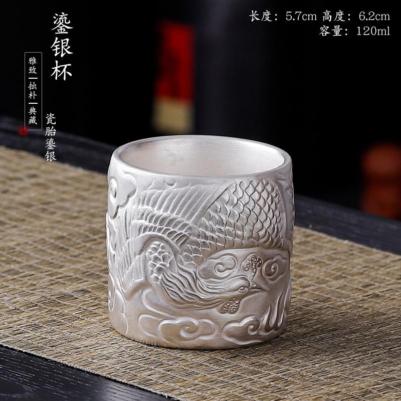 999 Pure Dragon and Phoenix Auspicious Pair Set, Gilded Silver Master Single Tea Cup Gift Box