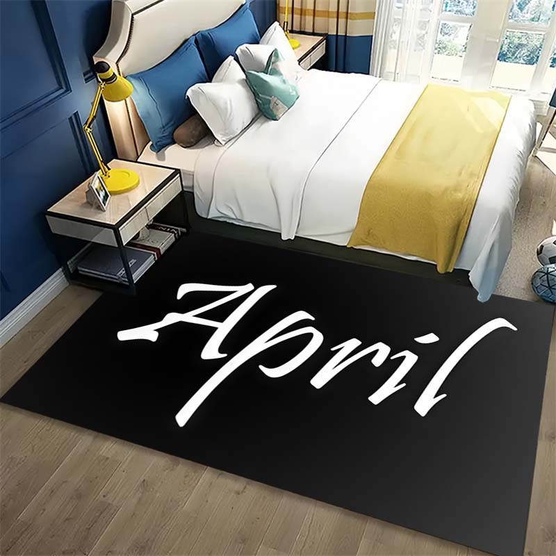 Black Background April Letter Text Print Area Rug Non‑Slip Rectangular Floor Mat Simple Modern Home Entry Decor