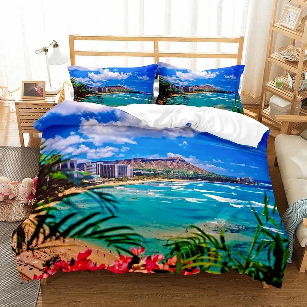 Hawaii Strand Meer Sommer Thema Bequemer Bettdeckenbezug Steppdecke Kissenbezug Bettwäscheset Kinder Schlafzimmer Dekoration Heimtextilien