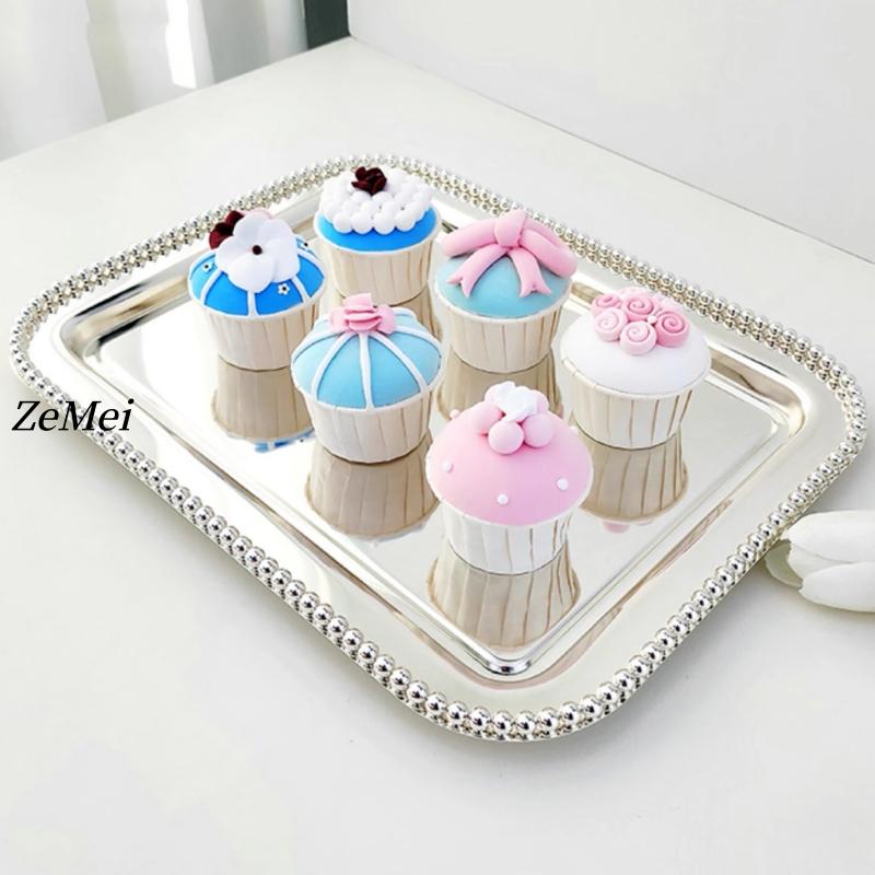 European Style Square Shape Fruit Plate,36 cm Pearl Dot Silver Metal Cake Plate Home Food Tray, Snack Disc Table Decoration