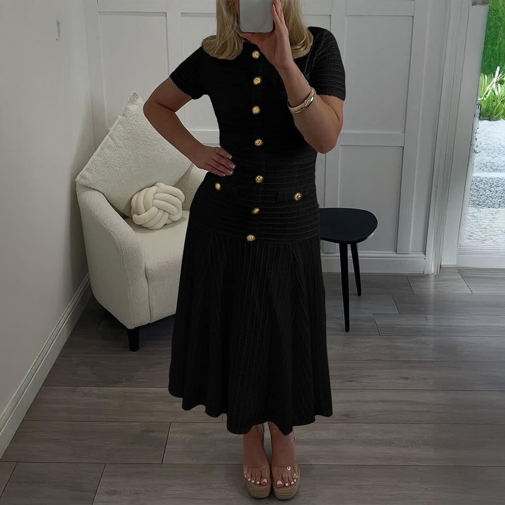 Slimming Knitted Dress Hollow Out Short Sleeve Lace Trim Waist Cinched Long Fashionable Sweater Dress